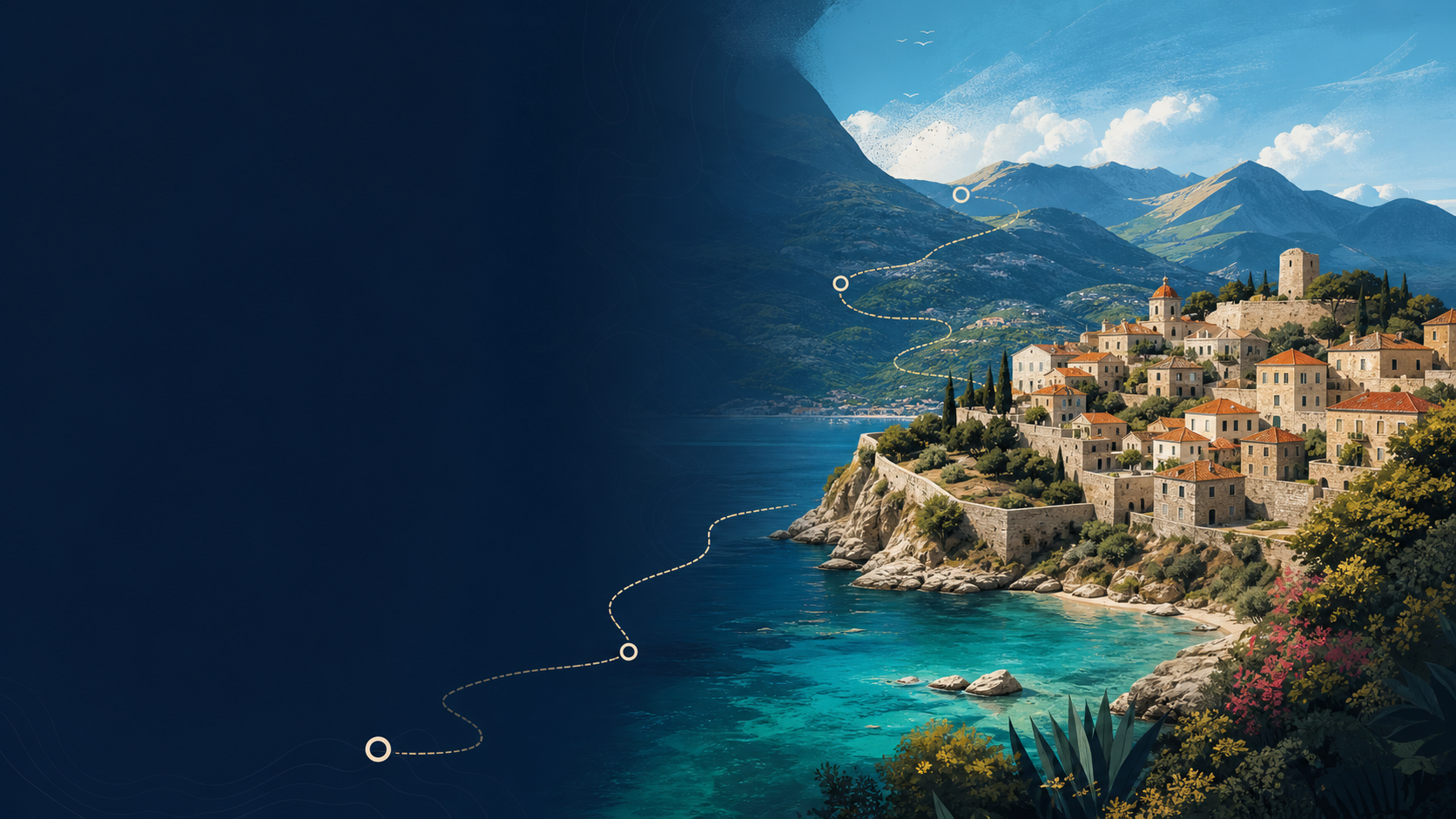 Illustrated Albania coast, mountains, historic town, and route line