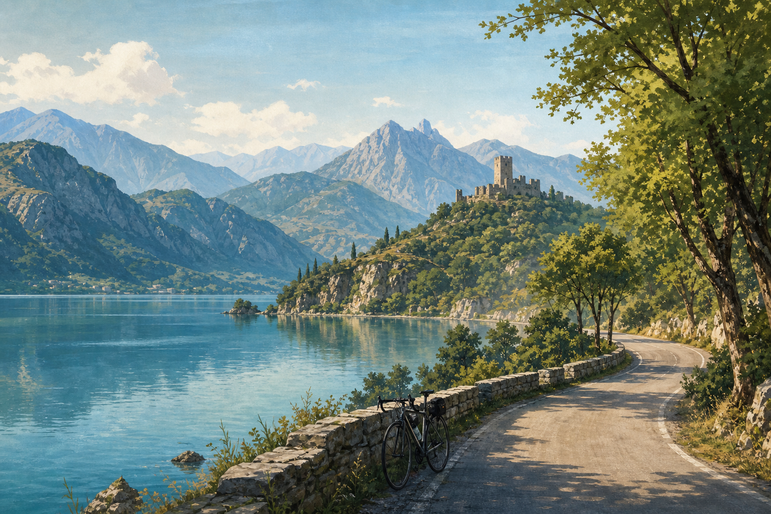Illustrated Shkoder lake, northern Albanian mountains, castle silhouette, and lakeside road