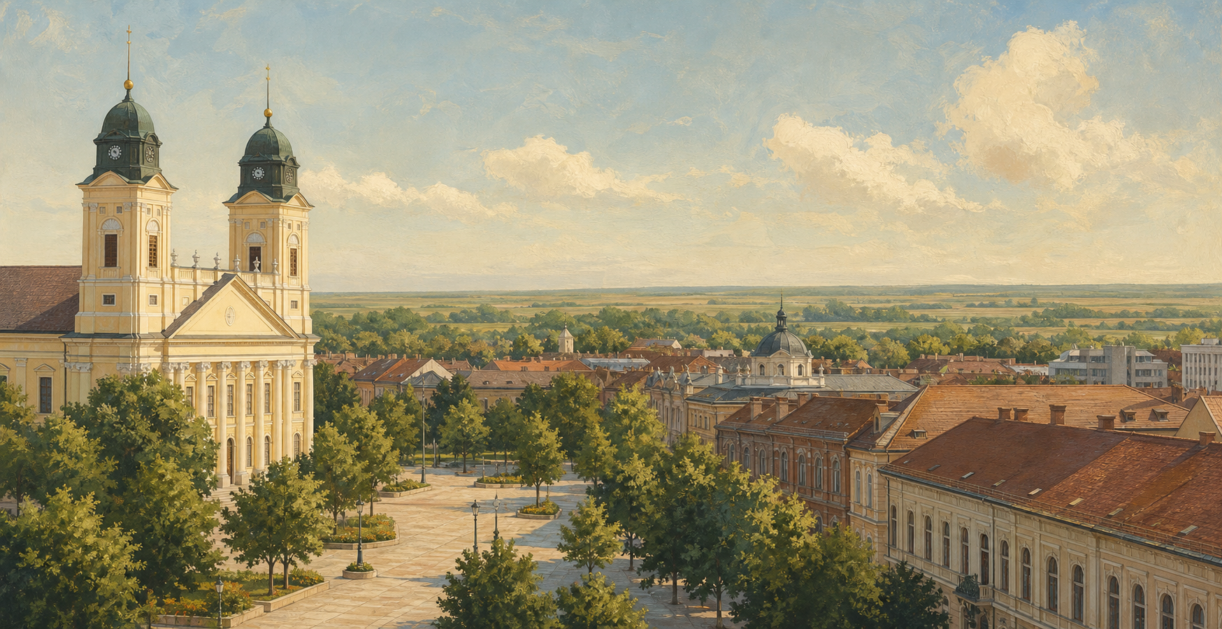 Illustrated Debrecen city square, neoclassical architecture, and Great Plain landscape