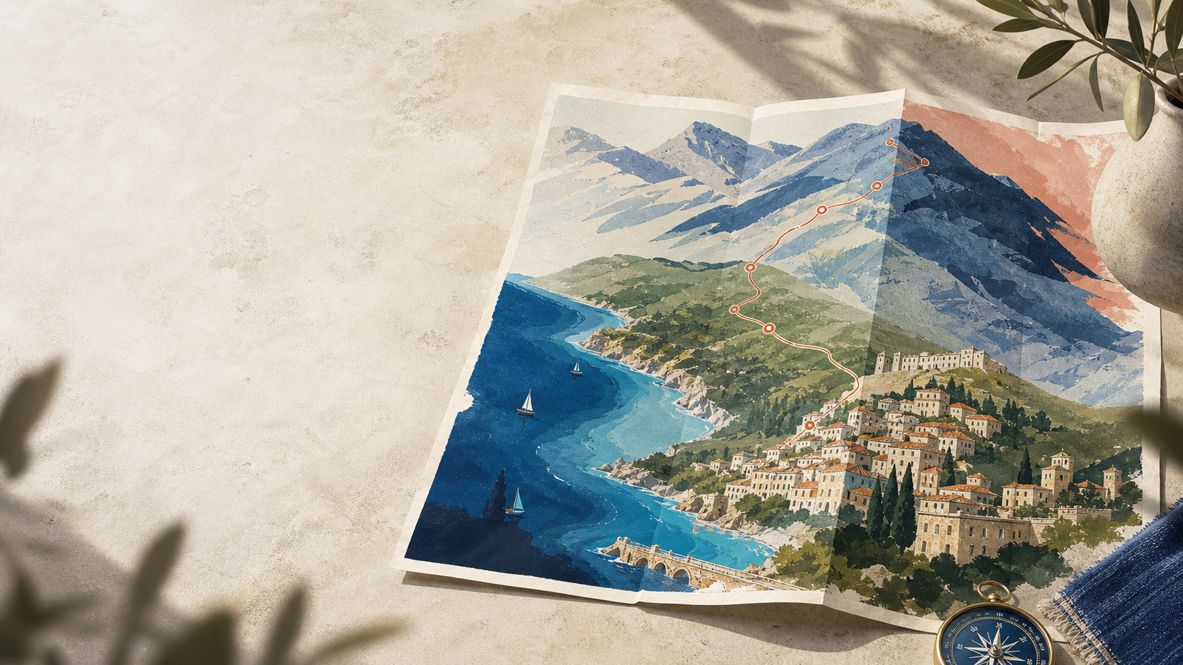 Illustrated Albania travel route with Riviera coast, mountain landscapes, and historic stone towns