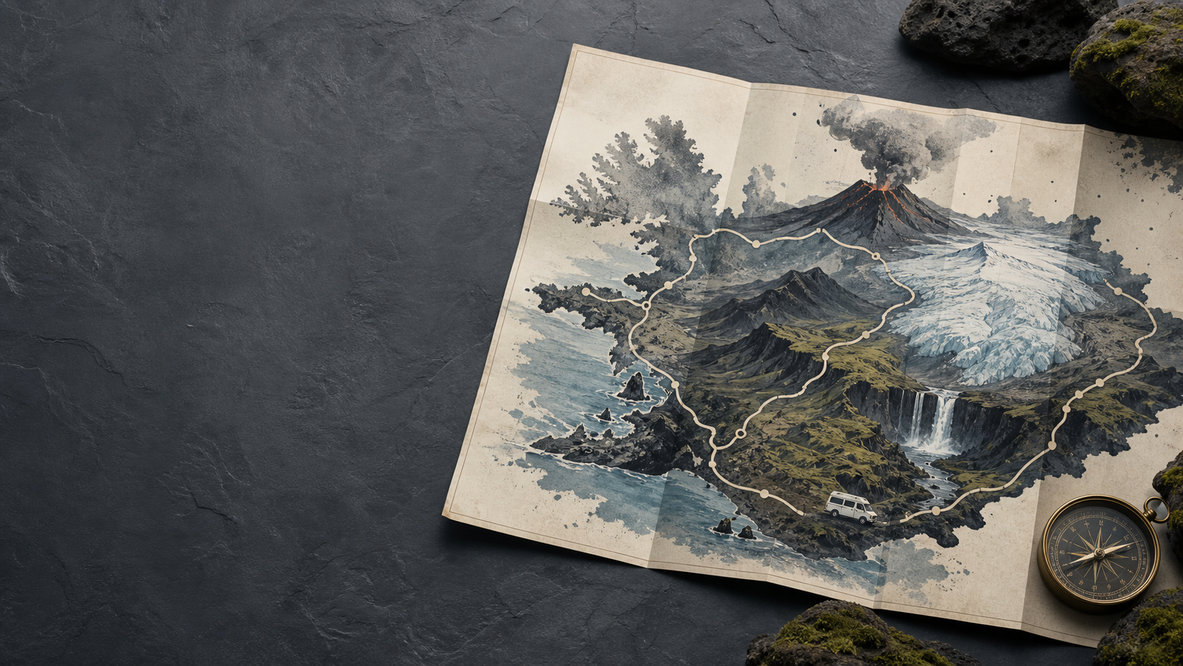 Illustrated Iceland ring road with volcano, glacier, waterfall, and camper van