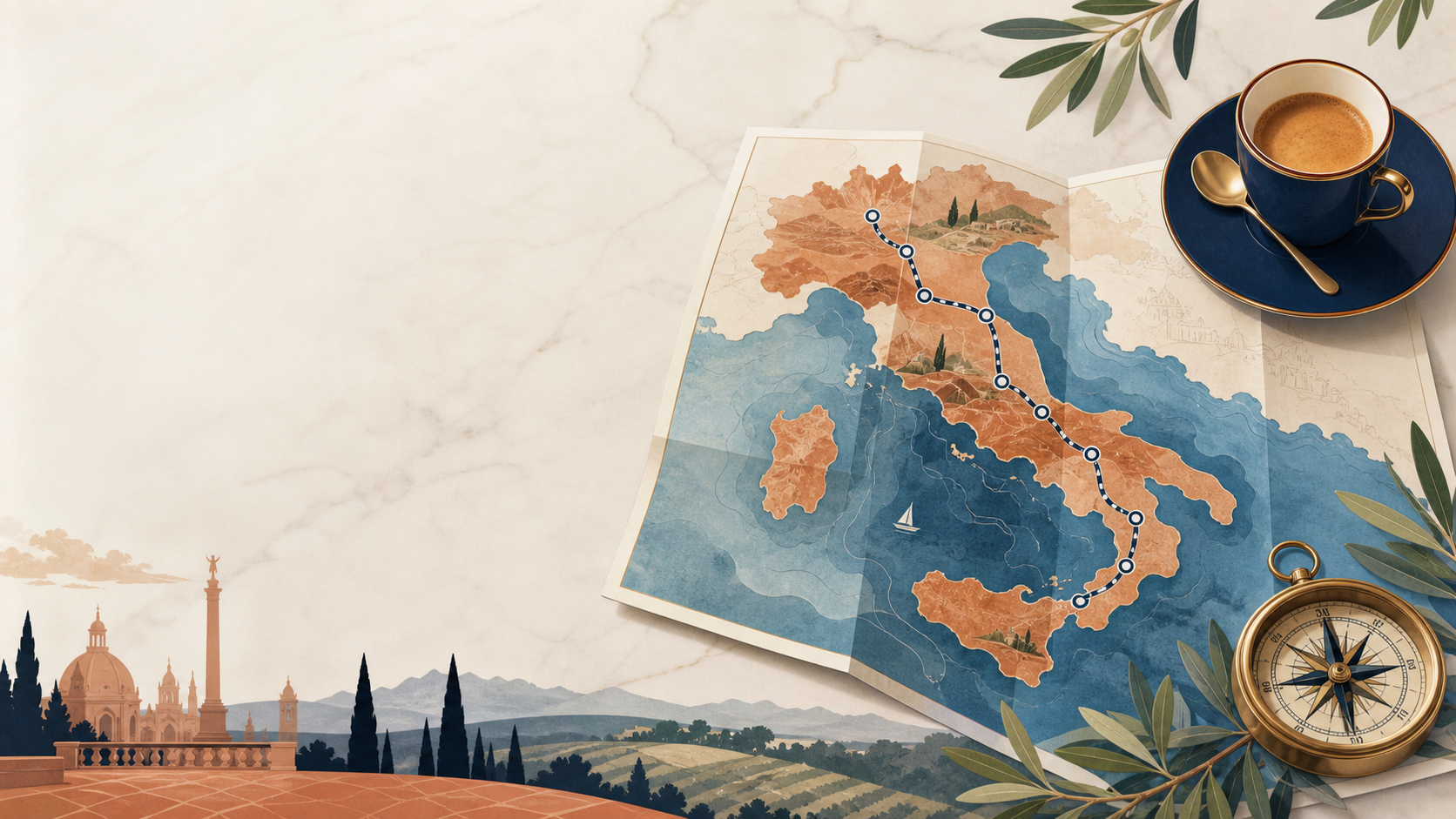 Illustrated Italy travel route with rail line, coastline, piazza, and cypress hills