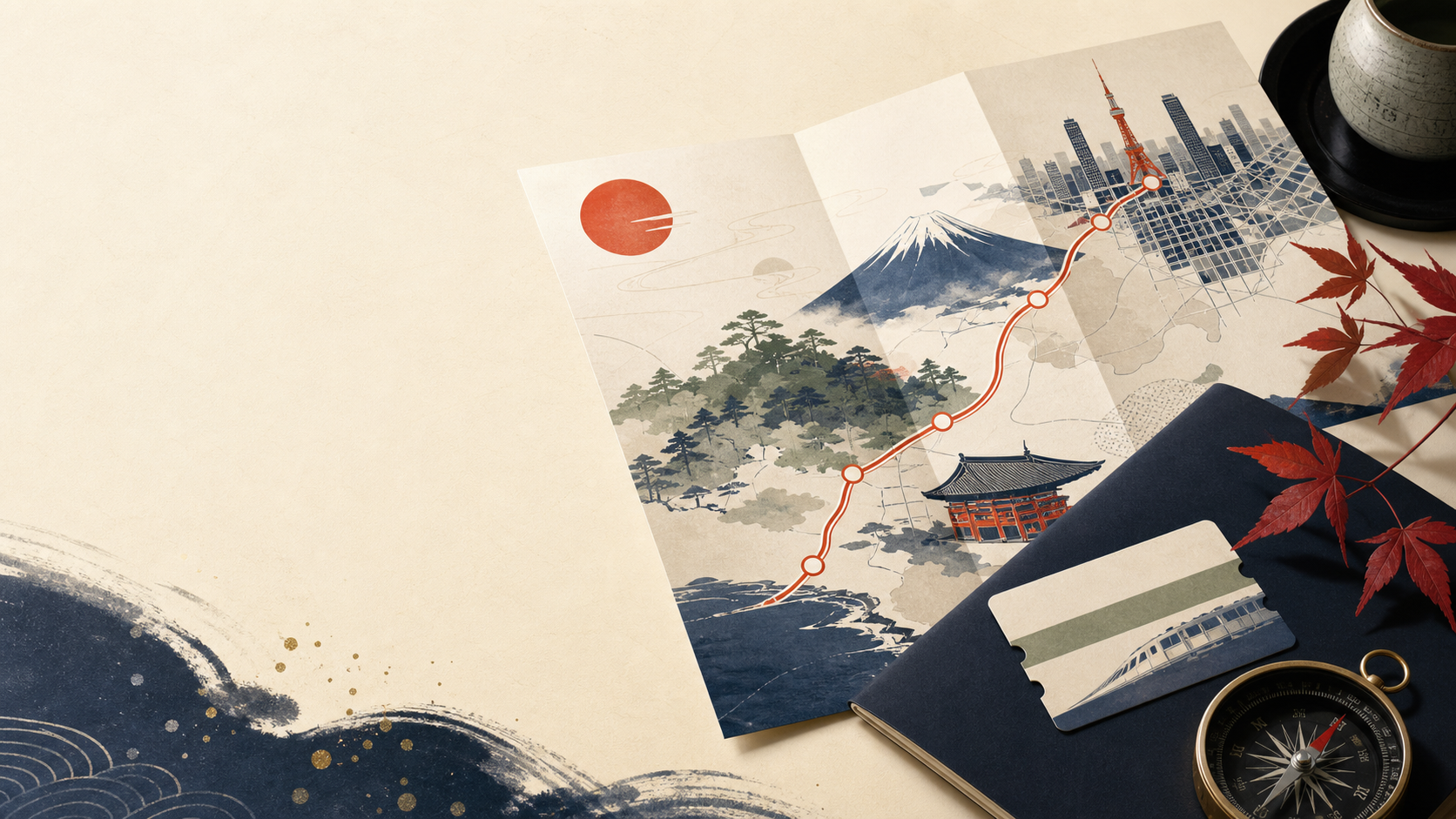 Illustrated Japan travel route with rail line, city grid, mountain, and temple roof