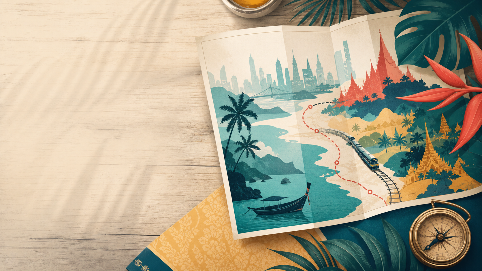 Illustrated Thailand route with city, islands, temples, rail line, and tropical coast