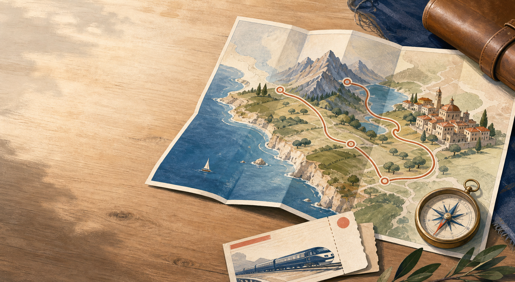 Illustrated travel route map with a winding itinerary line
