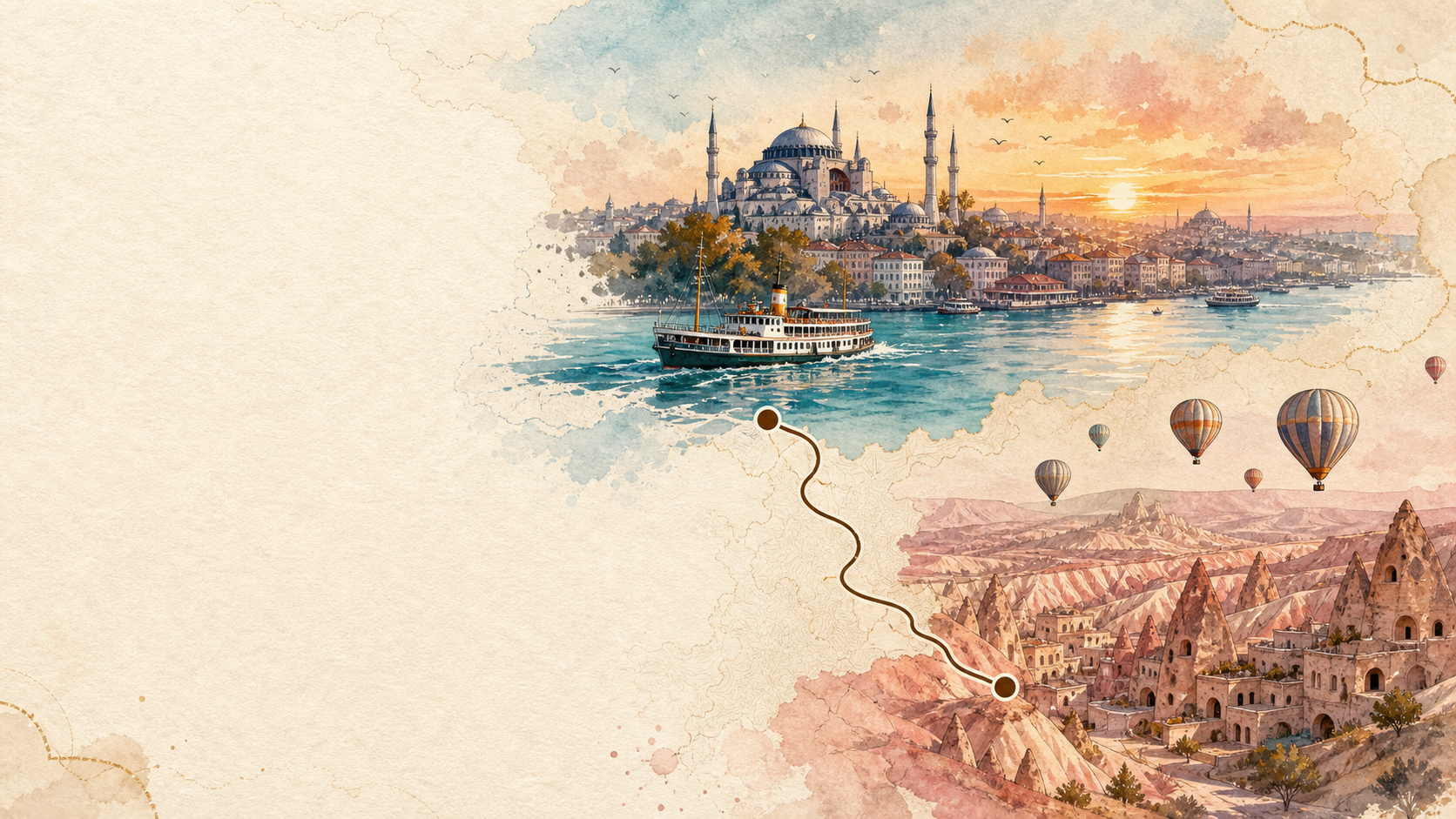 Original illustrated route map connecting Istanbul's waterfront skyline with Cappadocia's valleys and balloons